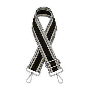 Adjustable wide replacement bag strap with black and gold woven stripe pattern