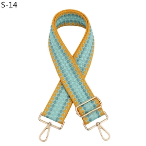 Détail de la bandoulière tissée bleue et jaune avec mousquetons métalliques dorés