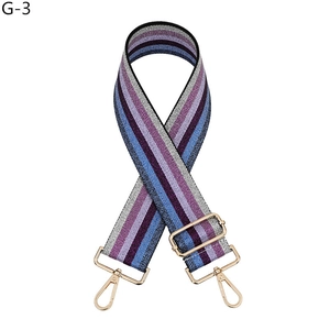 Détail de la bandoulière tissée réglable aux rayures bleues et violettes et mousquetons dorés