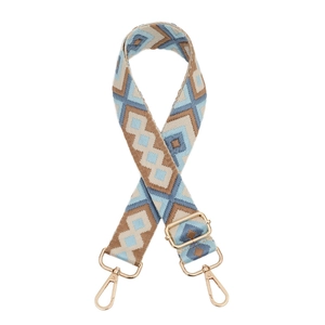 Bohemian geometric woven bag strap with blue and brown patterns and golden metal hooks