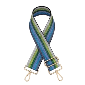 Bandoulière ethnique jacquard 5cm à rayures argent vert avec mousquetons dorés