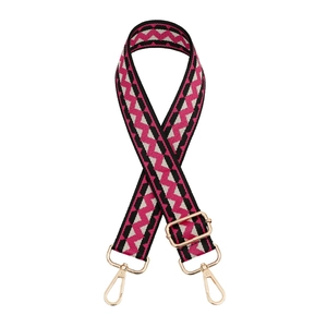 Adjustable woven shoulder strap with pink and black wavy patterns and gold hardware