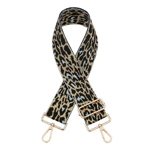 Adjustable wide leopard print bag strap with golden metal swivel hooks and buckles