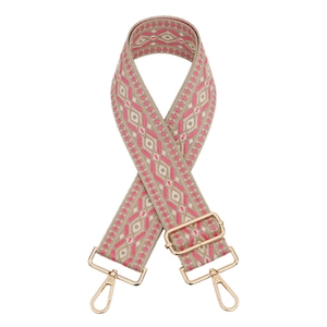 Bandoulière réglable en jacquard bohème avec motif diamant rose et mousquetons dorés