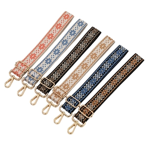 Adjustable jacquard woven bag straps with ethnic patterns and gold metal buckles