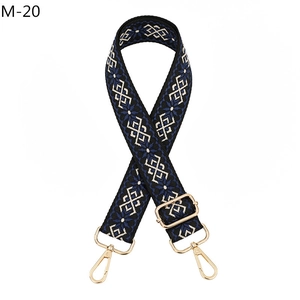 Detail of adjustable geometric ethnic pattern bag strap with gold spring hooks