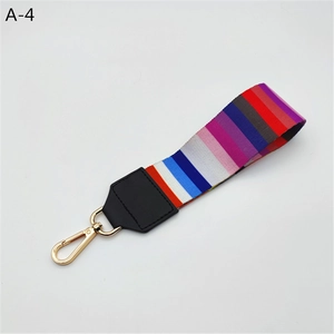 Close-up of colorful striped woven strap with black PU leather and gold lobster clasp