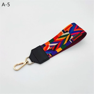 Close-up of ethnic woven handbag strap accessory with colorful geometric patterns