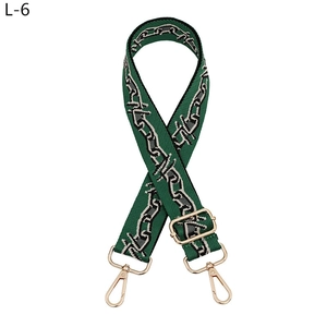 Detail of adjustable dark green shoulder strap with geometric pattern and gold clips