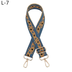Close-up of ethnic geometric woven pattern on blue handbag strap with gold metal hooks