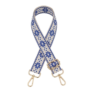 Adjustable woven shoulder strap for handbags with blue ethnic patterns and gold metal clips