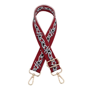 Adjustable wide woven guitar strap for handbags with red and navy geometric pattern