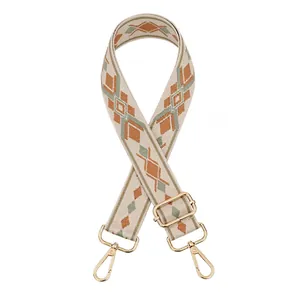 Detail of adjustable geometric diamond weave bag strap with gold metal lobster clasps