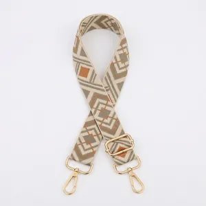 Close-up of geometric pattern strap with golden metal lobster clasps for handbags