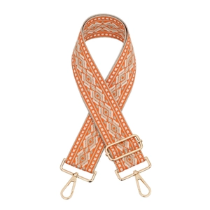 Adjustable wide ethnic strap with orange geometric jacquard and golden metal hardware