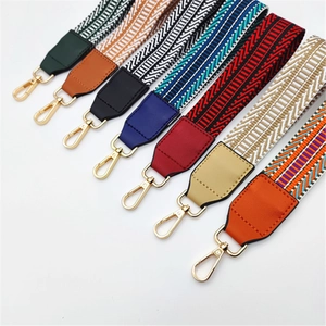 Detailed view of colorful jacquard webbing shoulder straps with gold lobster clasps