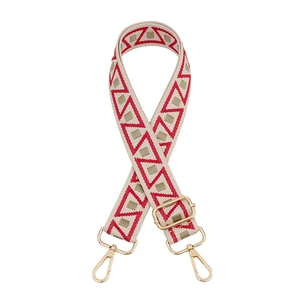 Wide adjustable shoulder strap for bags with red geometric pattern and gold buckles