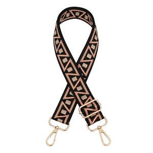 Adjustable woven replacement shoulder strap with pink and black geometric patterns