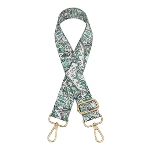 Detail of adjustable bohemian pattern bag strap with green and pink print and gold hooks