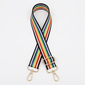 Close-up of rainbow striped nylon bag strap with polished gold-toned lobster clasps