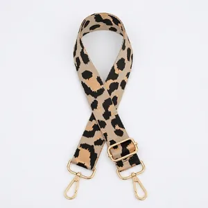 Close-up of leopard print shoulder strap with adjustable golden metal buckles for handbags