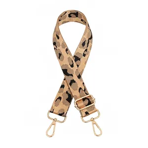 Detail of adjustable leopard print bag strap with high density nylon and gold hardware