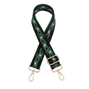 Adjustable crossbody shoulder strap with green geometric jacquard and gold metal clips
