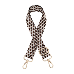 Adjustable woven replacement bag strap with vintage brown scale pattern and gold metal hooks