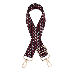 Adjustable colorful peacock pattern bag strap with gold metal hooks on white background