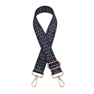 Adjustable wide woven shoulder strap with blue ethnic floral pattern and gold metal clips