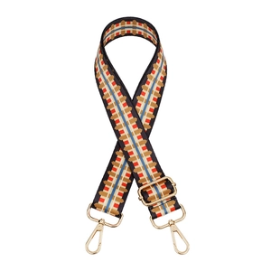 Adjustable geometric woven bag strap with golden metal clasps for shoulder bags