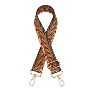 Adjustable bohemian style wide woven bag strap with orange geometric patterns and gold clips