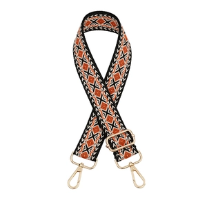 Adjustable geometric diamond weave bag strap with orange and black embroidery and gold clips