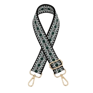 Adjustable woven shoulder strap for bags with green geometric diamond patterns and gold hooks