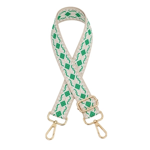 Adjustable beige and green geometric diamond pattern woven bag strap with gold metal hooks