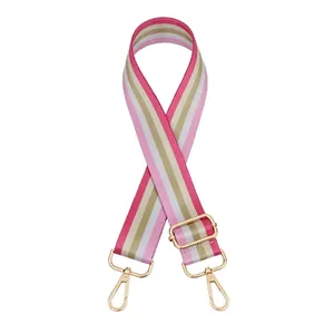 Detail of adjustable colorful striped bag strap with premium gold metal hardware hooks