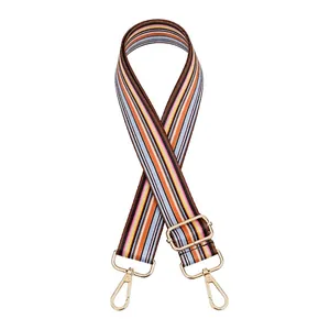Adjustable wide replacement bag strap with colorful ethnic stripes and gold metal hardware