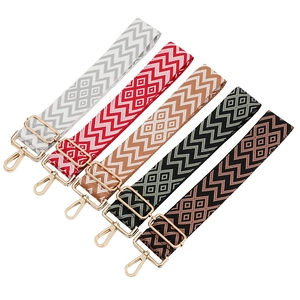 Adjustable jacquard bag straps with diamond geometric patterns and gold metal buckles