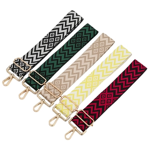 Detail showing five adjustable geometric woven bag straps with gold metal swivel hooks