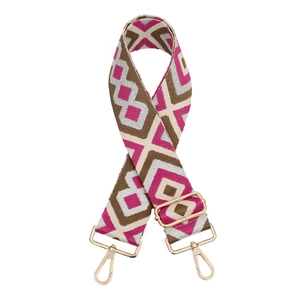 Pink and brown geometric jacquard bag strap with adjustable gold lobster clasps