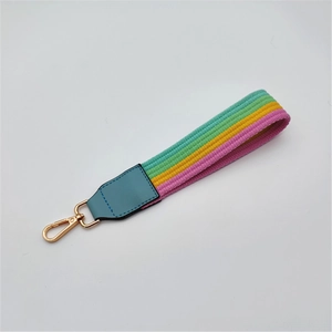 Striped thick webbing wrist strap with golden metal clasp for bags and keychains