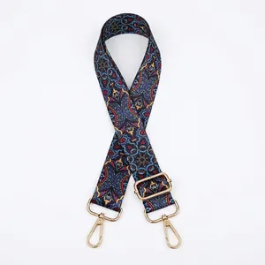 Detail of adjustable bohemian bag strap with ethnic print and gold metal lobster clasps