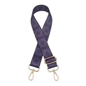 Detail of adjustable blue mandala pattern strap with premium gold metal swivel hooks