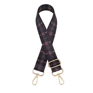 Detail of adjustable purple ethnic pattern bag strap with gold metal swivel hooks