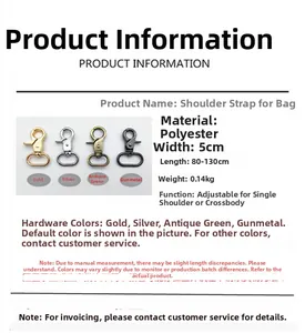 Adjustable 5cm wide polyester bag strap with metallic hardware in four colors