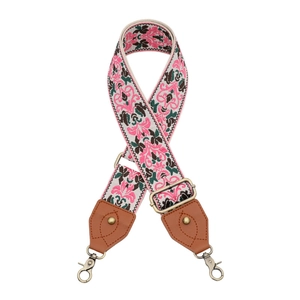 Ethnischer Jacquard-Taschengurt mit rosa Blumenmuster und bronzenen Metallkarabinern