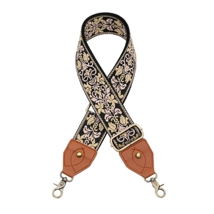 Verstellbarer Taschenriemen mit Vintage-Blumenstickerei, braunem Leder und Bronzeklammern