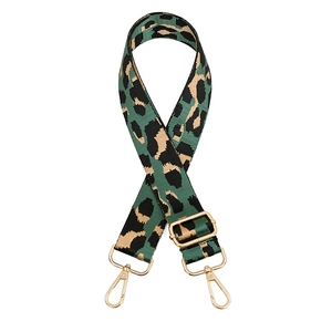 Adjustable leopard print bag strap in green and black with gold metal hooks for cross-body bags