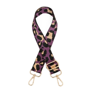 Adjustable leopard print shoulder strap with purple pattern and gold metal hooks