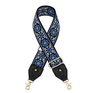 Adjustable floral embroidery shoulder strap with gold metal hooks and leather ends